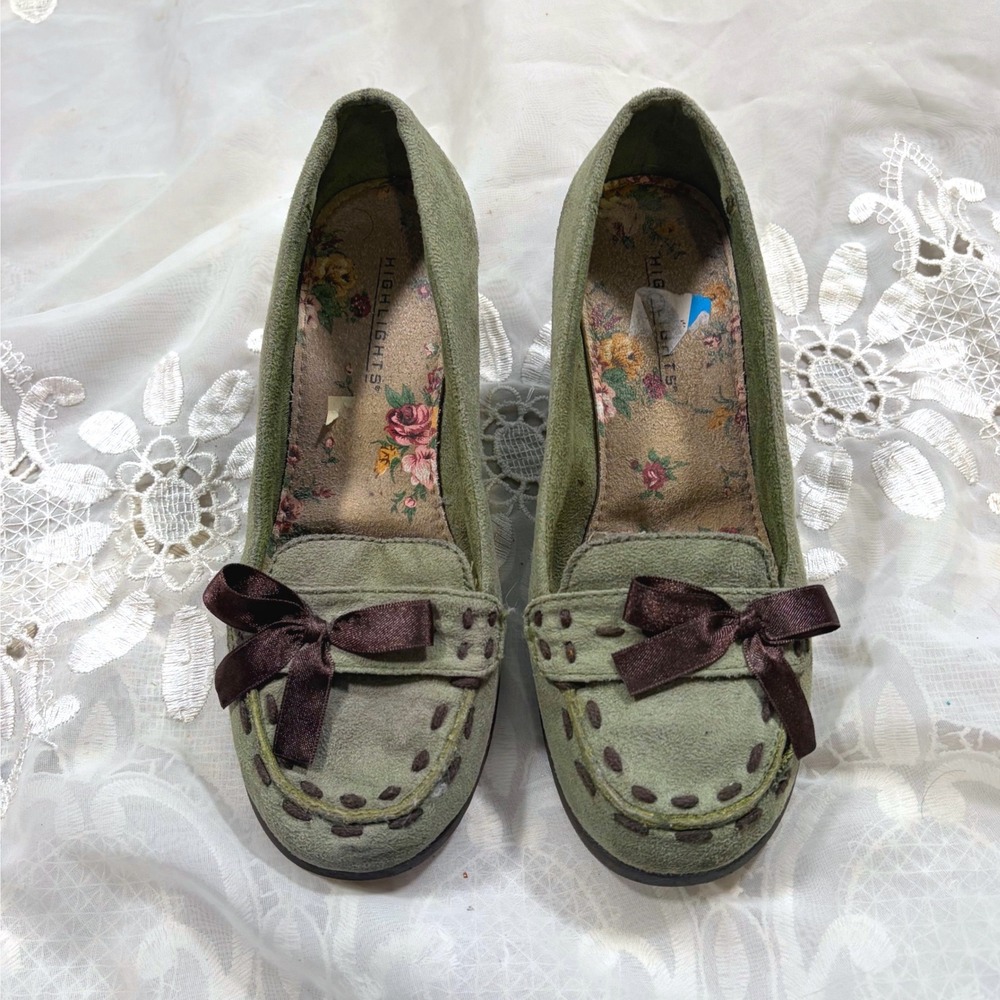 Y2K Cottage Cute Green Faux Suede Wedge Loafers Bow Whipstitch Floral Lining 6